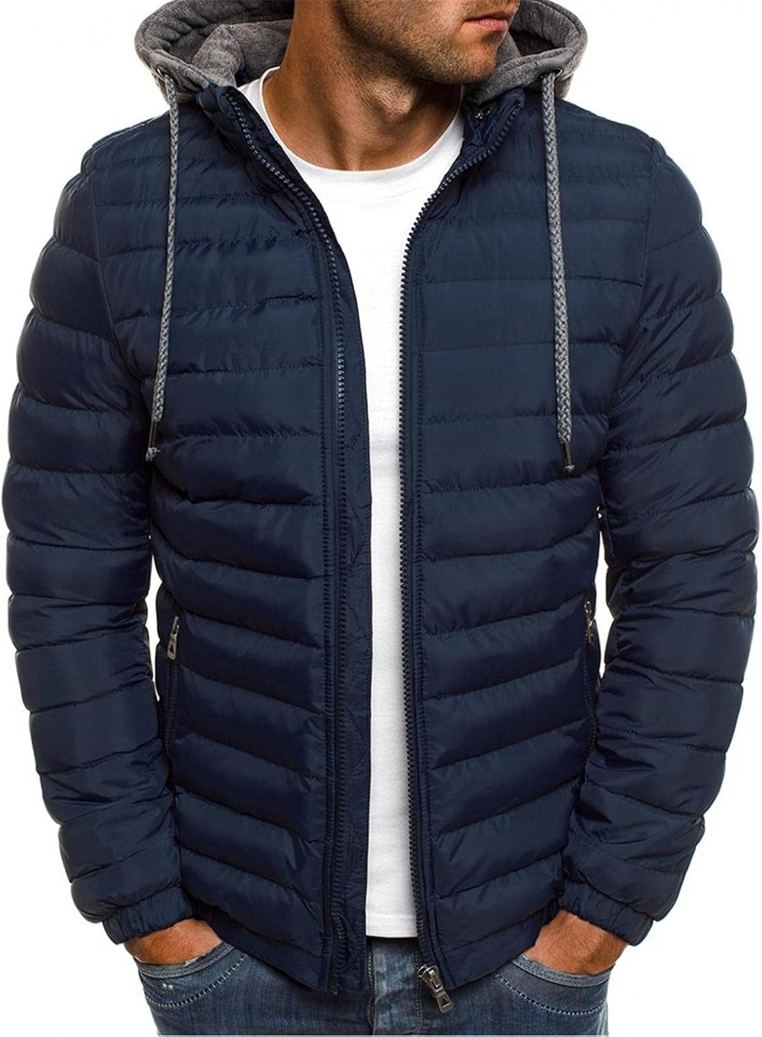 Men'S Winter Warm down Jacket Zipper up Packable Puffer Lightweight Outwear Windproof Coat with Hoodies